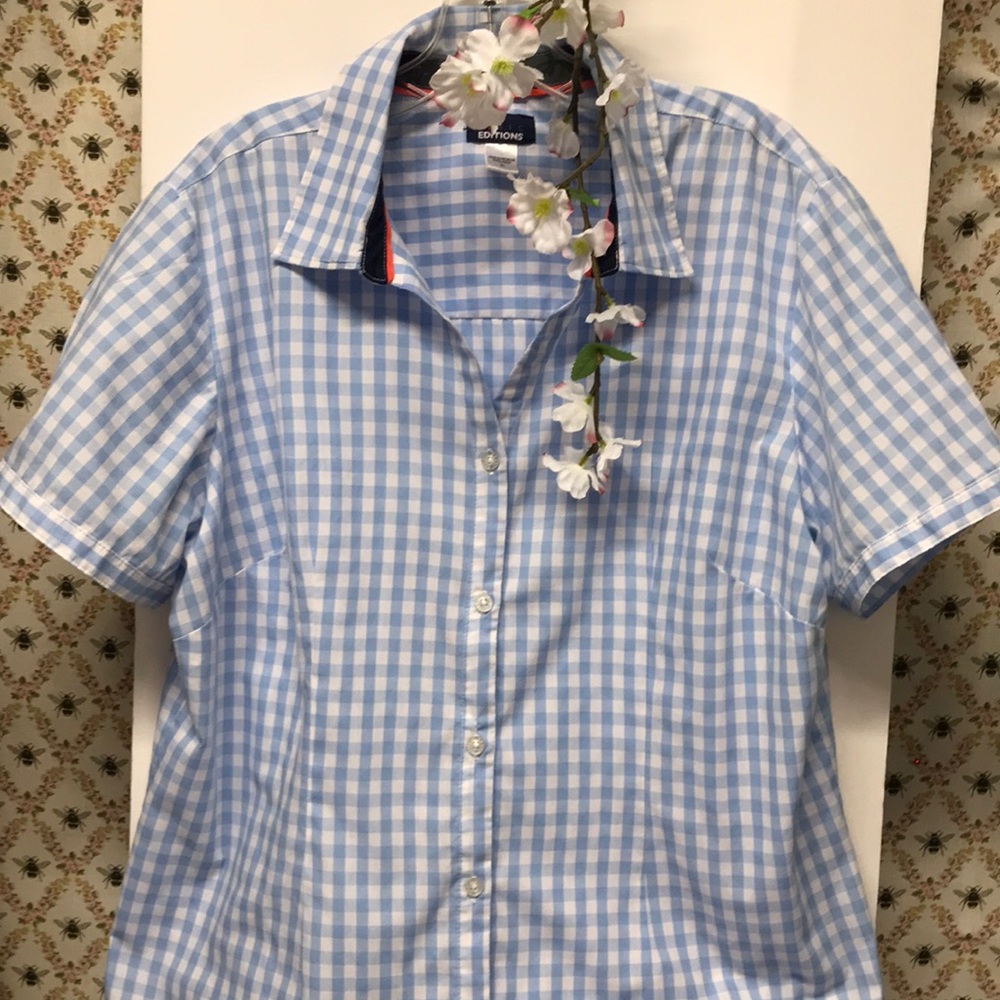 Vintage Plaid 1950 vibe button down top button down blue checkered Cotton XL - Picture 2 of 10